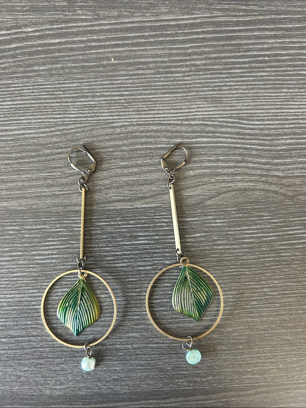 New! Hand Painted Brass Drop Earrings with Bead Accent